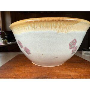 Ceramic bowl pink blossoms cream blue bronze swirl inside signed bottom